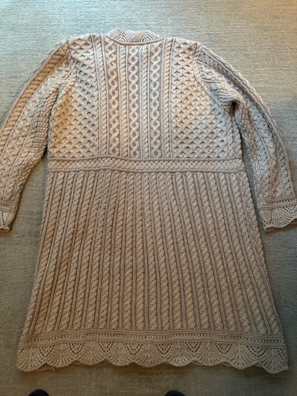 Aran Crafts 100% Merino Wool Hand-Knit Cream Cable Long Cardigan Sweater - Picture 7 of 8